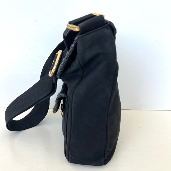 TORY BURCH Black Nylon Pebbled Leather Front Logo Tote Shoulder Bag Crossbody - Picture 5 of 16